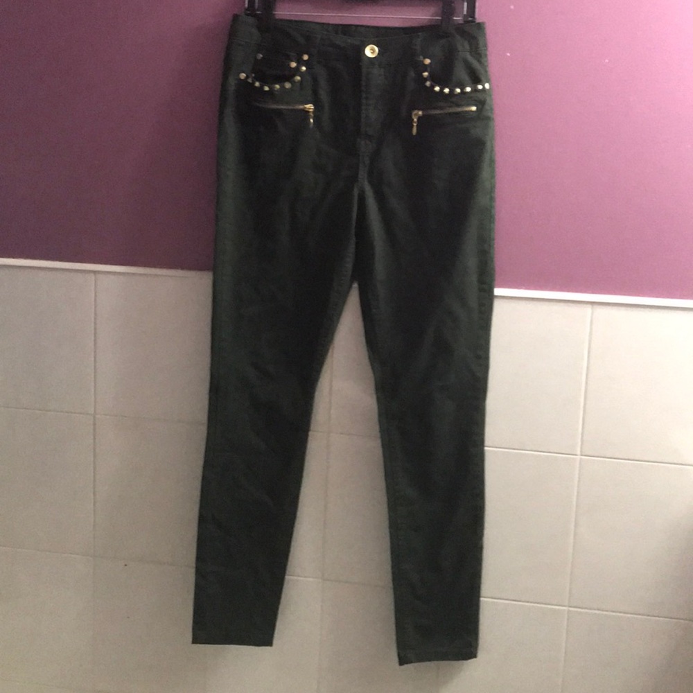 High waisted forest green jeans with golden studs